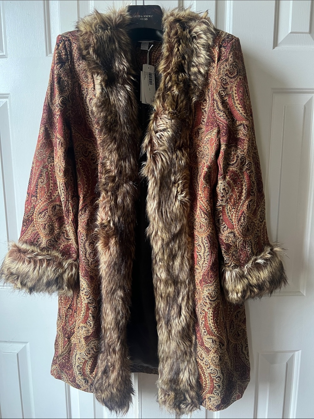 Chico's Red & Brown Paisley Coat with Faux-Fur Trim
